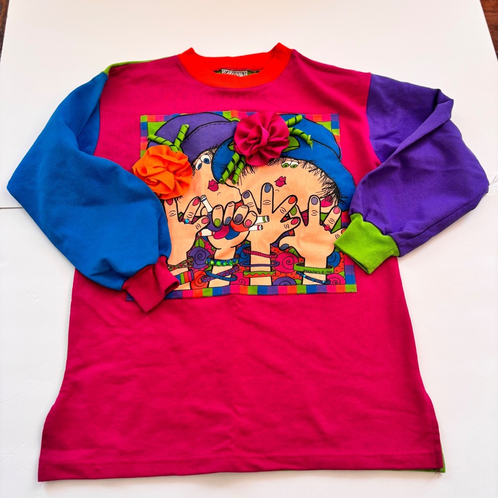 Vintage Zoodles Girls 7-8 Sweatshirt Colorblock 3D Flower Rhinestone‎ 1998 Pink